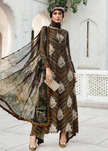 Maria B  Print Chickenkari Lawn Embroidered Dress - 3piece - B0450