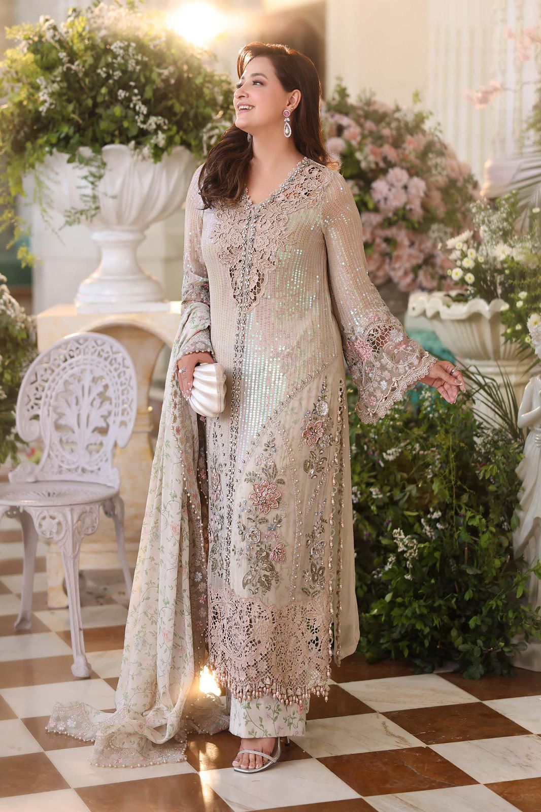 Premium Maria Bridal Embroidered Chiffon Dress with Printed Silk Trouser Dress - A0250